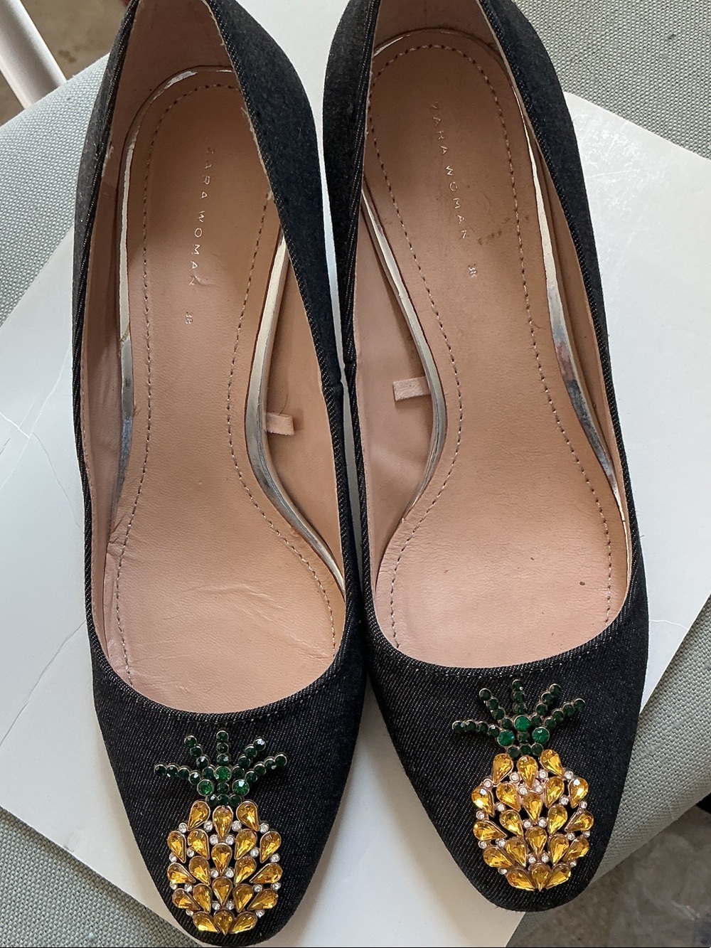 Zara Black charcoal Shoes with Gold & Green Pineapple Embellishments